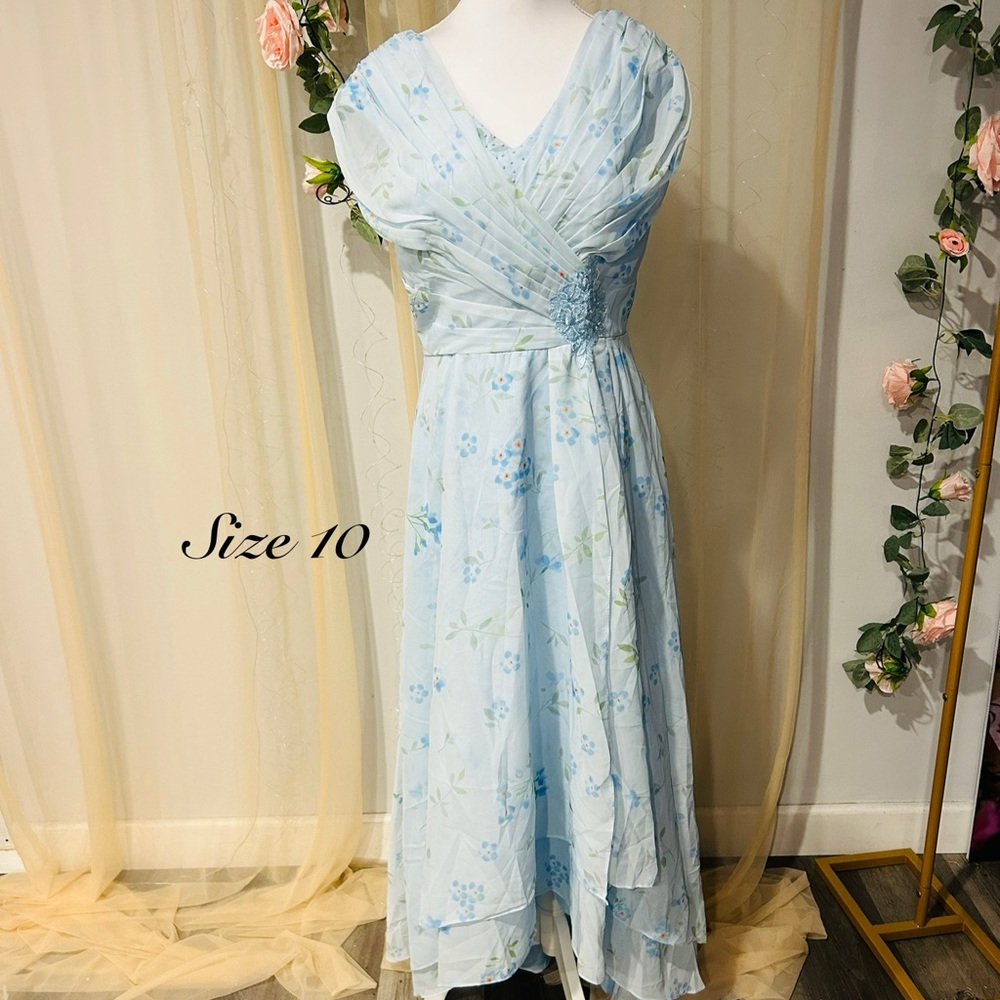 Elegant Light Blue Floral High Low Dress